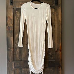 White Long Sleeve Ribbed Side Ruched Bodycon Dress